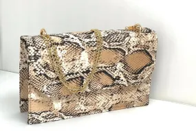Nude & Black Snake Print Box Clutch Bag
