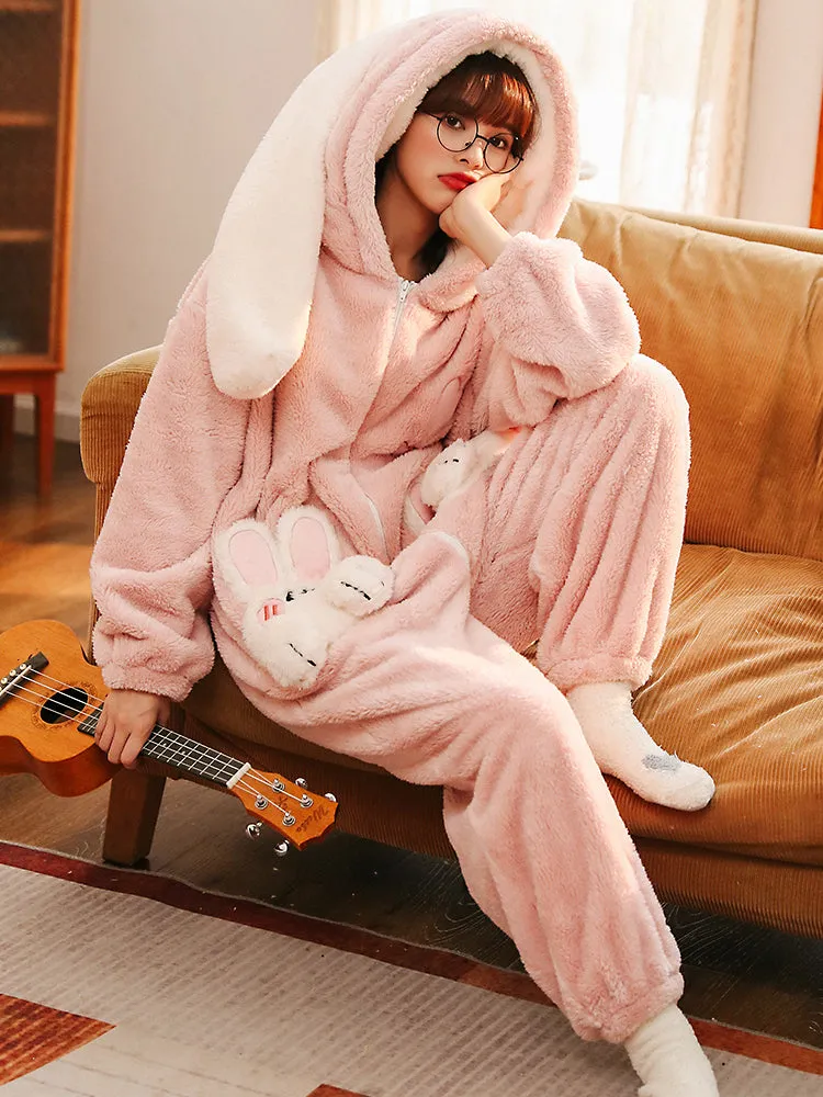 Pink Bunny Cozy Dreamy Winter Fleece One-Piece Pajama