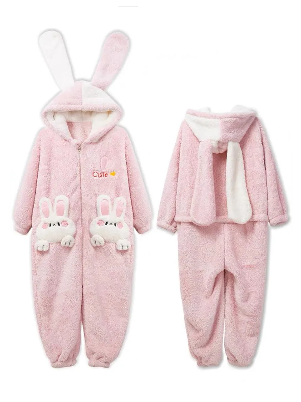 Pink Bunny Cozy Dreamy Winter Fleece One-Piece Pajama