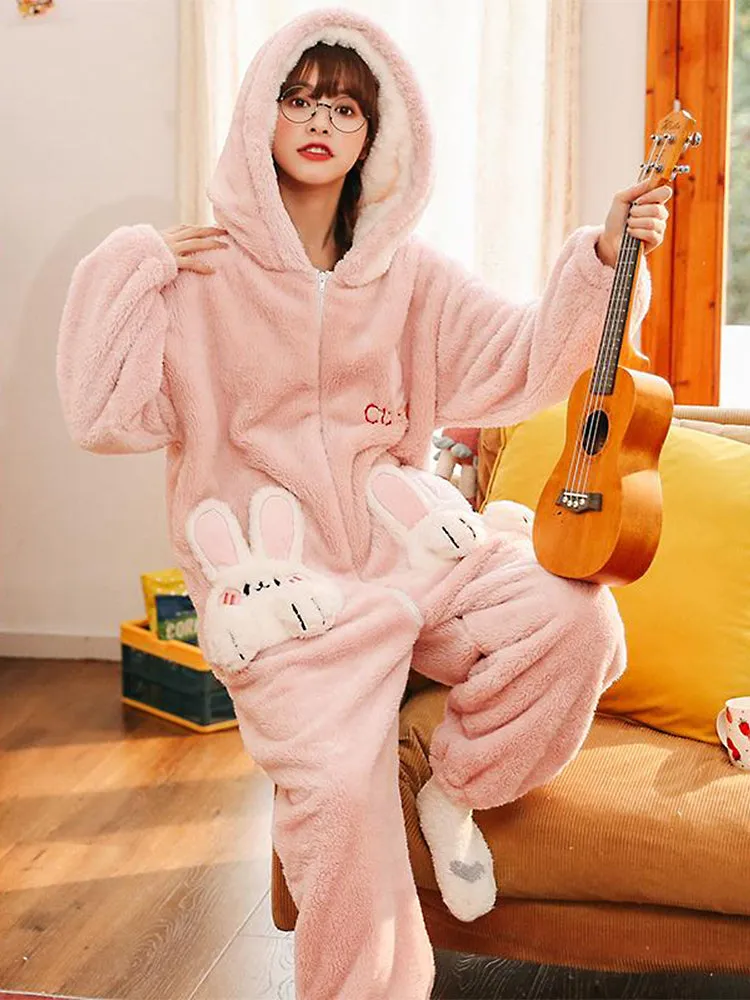 Pink Bunny Cozy Dreamy Winter Fleece One-Piece Pajama
