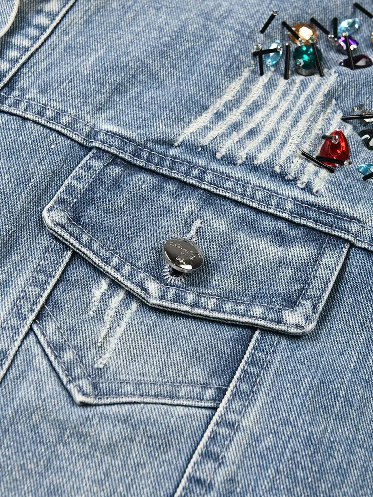 Pre Order:  Rhinestones Embellished Distressed Denim Jacket