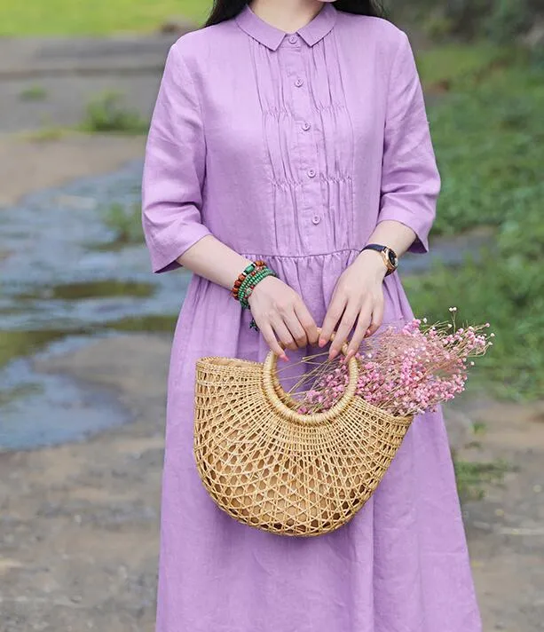 Purple Women Dresses Ramie Casual Spring Linen Women Dresses Long Sleeve SSM97215