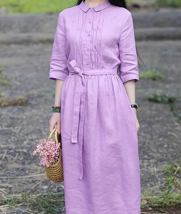 Purple Women Dresses Ramie Casual Spring Linen Women Dresses Long Sleeve SSM97215