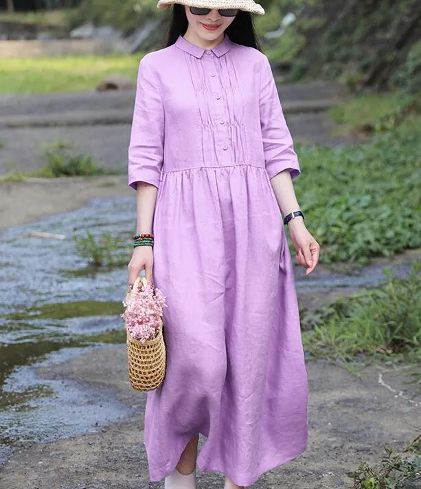 Purple Women Dresses Ramie Casual Spring Linen Women Dresses Long Sleeve SSM97215
