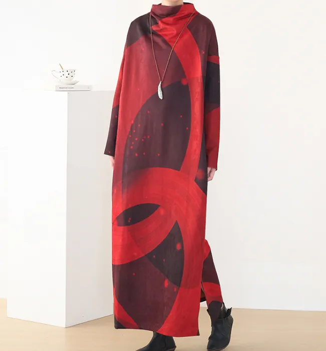 Red Print Spring High Collar Loose Dresses Casual Women Dresses Long Sleeve AMT97213