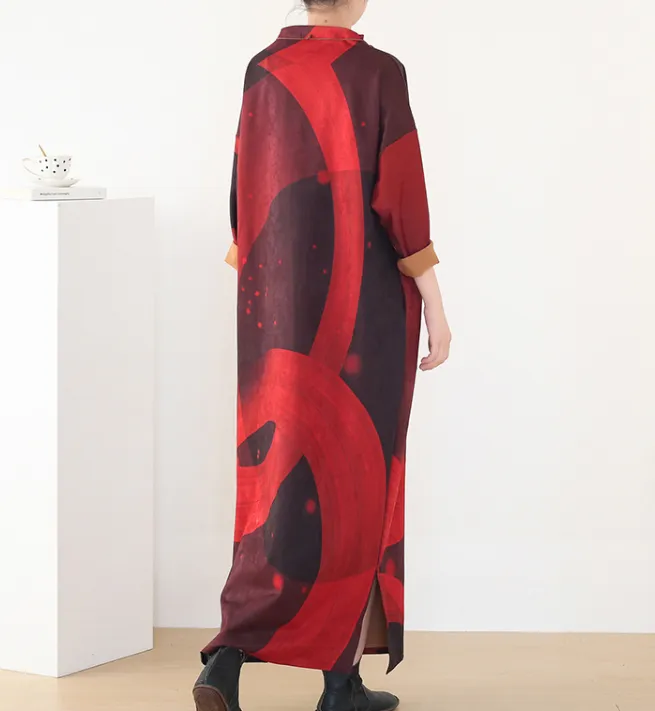 Red Print Spring High Collar Loose Dresses Casual Women Dresses Long Sleeve AMT97213