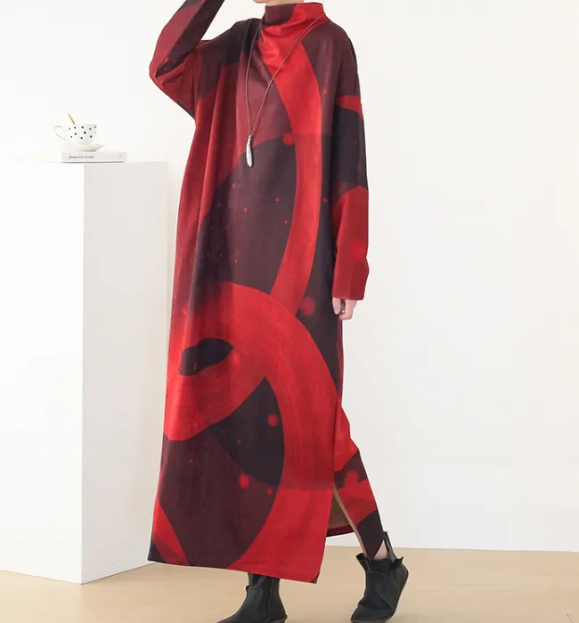 Red Print Spring High Collar Loose Dresses Casual Women Dresses Long Sleeve AMT97213
