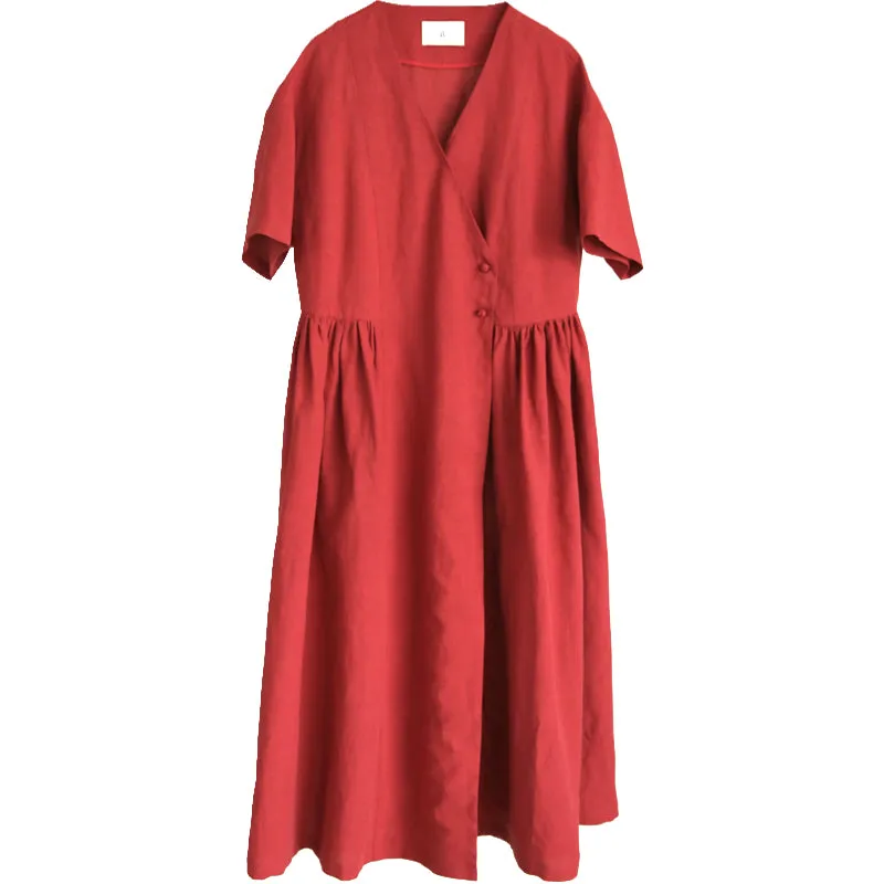 Red Summer Dress Cross Wedding Dress Casual Bridemaid Dress Loose Women Linen GownZ972924