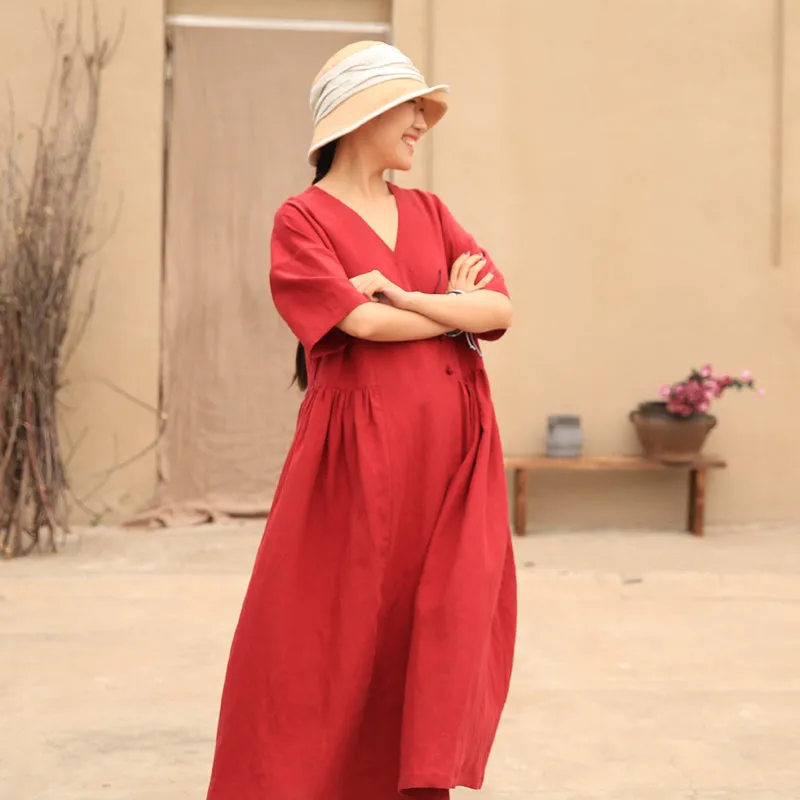 Red Summer Dress Cross Wedding Dress Casual Bridemaid Dress Loose Women Linen GownZ972924