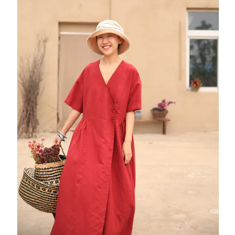 Red Summer Dress Cross Wedding Dress Casual Bridemaid Dress Loose Women Linen GownZ972924
