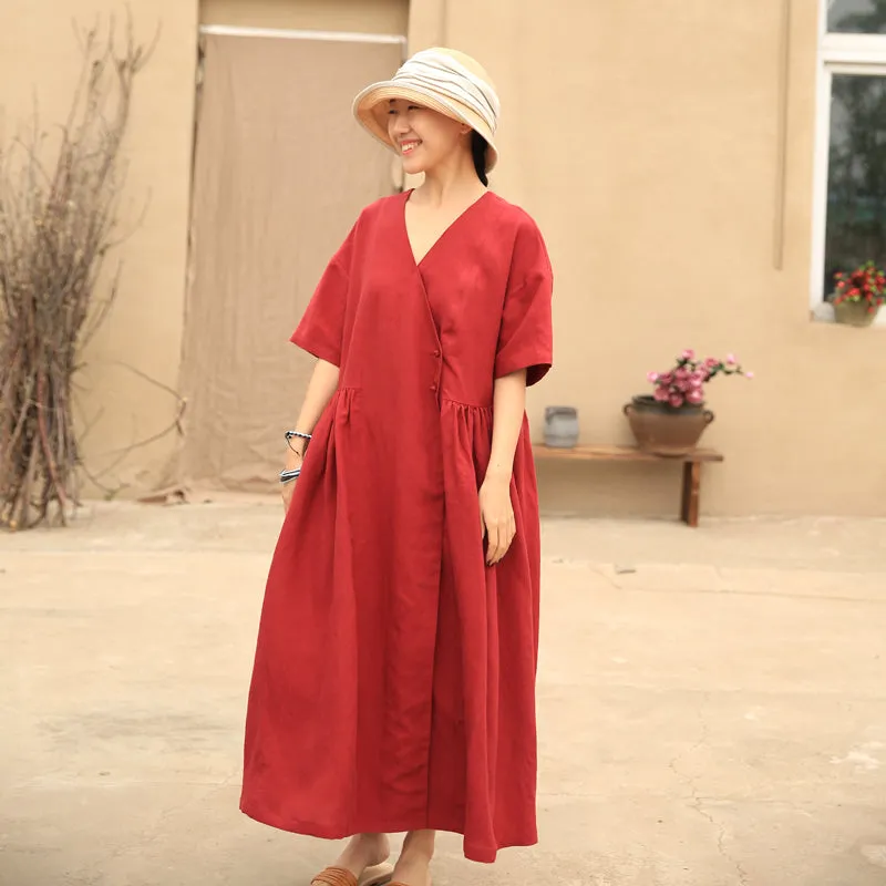 Red Summer Dress Cross Wedding Dress Casual Bridemaid Dress Loose Women Linen GownZ972924