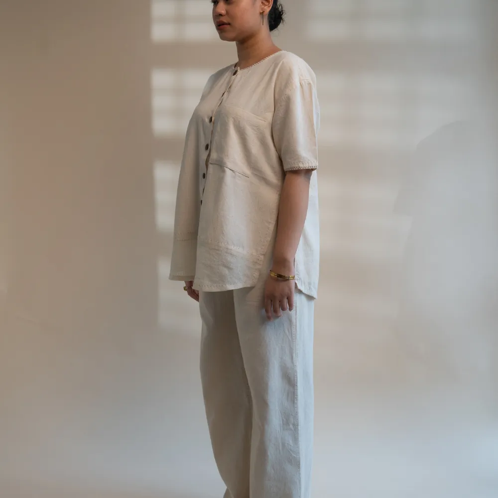 Relaxed Tunic Top in Ivory Tone | Versatile | Detailed in Kantha Embroidery