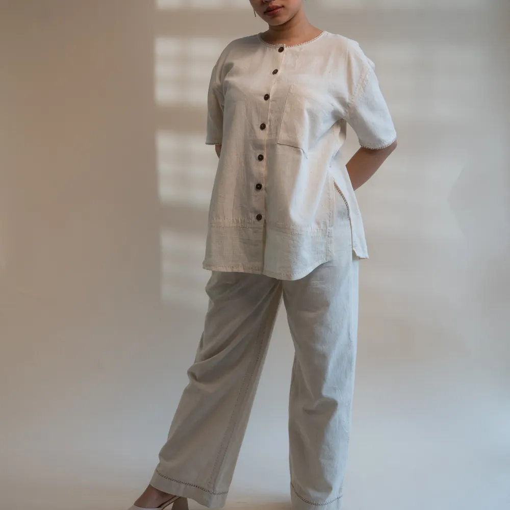Relaxed Tunic Top in Ivory Tone | Versatile | Detailed in Kantha Embroidery