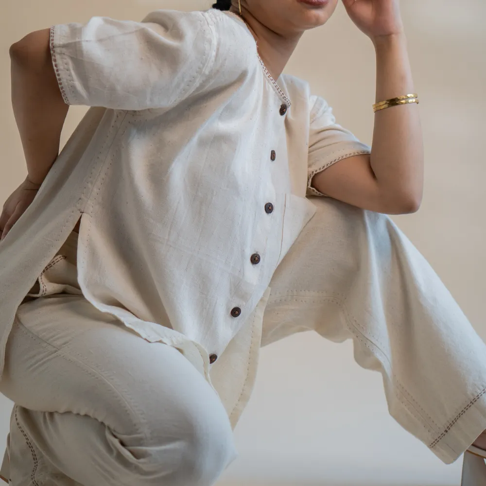 Relaxed Tunic Top in Ivory Tone | Versatile | Detailed in Kantha Embroidery