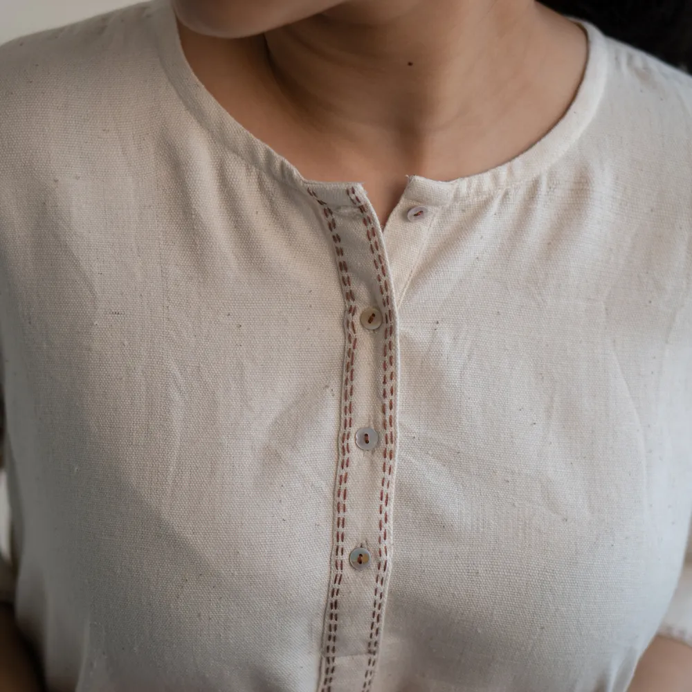 Relaxed Tunic Top in Ivory Tone | Versatile | Detailed in Kantha Embroidery