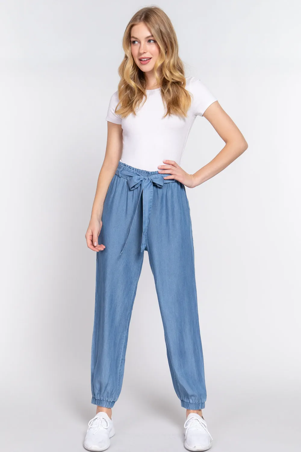 Ribbon Tie Denim Jogger Pants - Ships from The US
