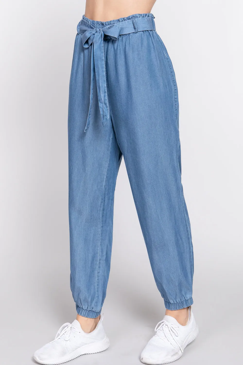 Ribbon Tie Denim Jogger Pants - Ships from The US