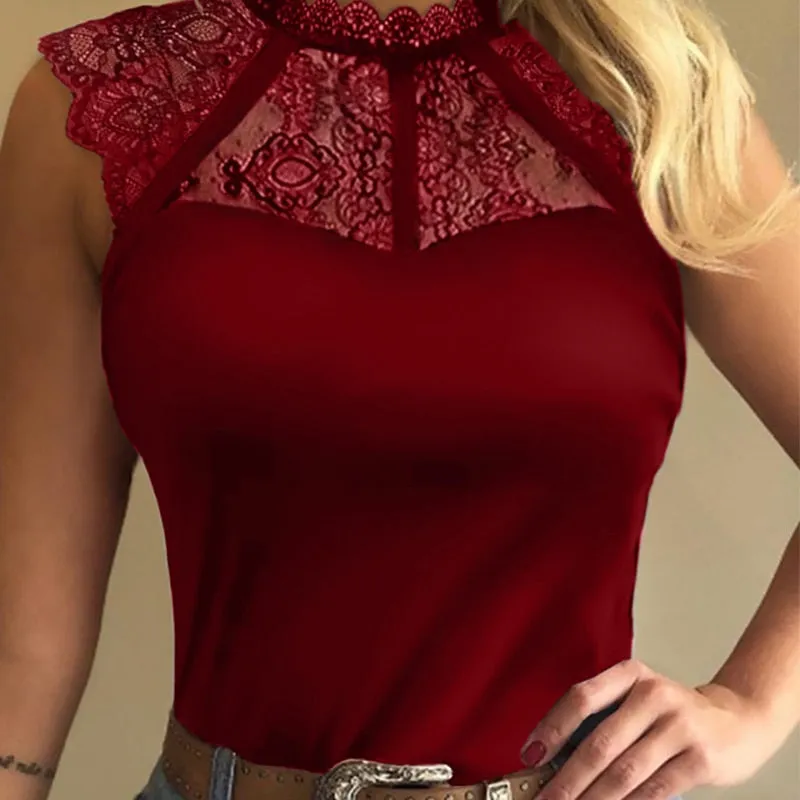 Sleeveless Crew Neck Lace Polka Dot T-Shirt