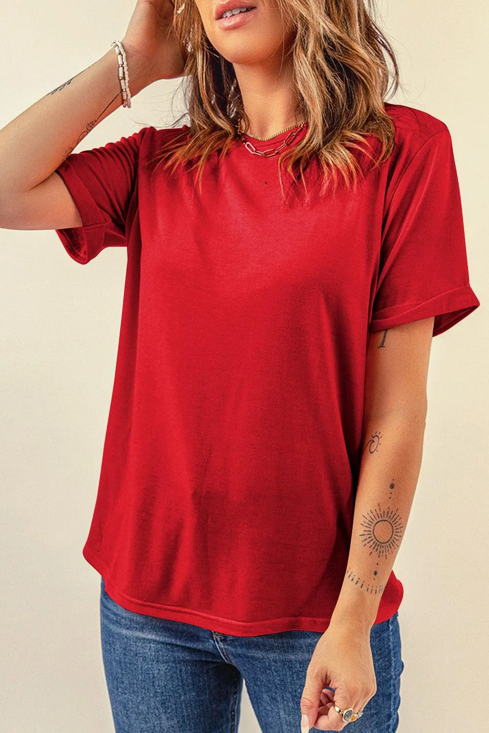 Summer Casual Wear Crew Neck Half Sleeve Solid Red T-Shirt for Women
