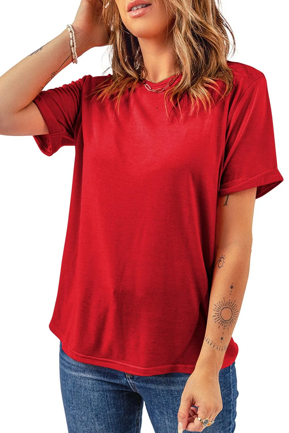 Summer Casual Wear Crew Neck Half Sleeve Solid Red T-Shirt for Women
