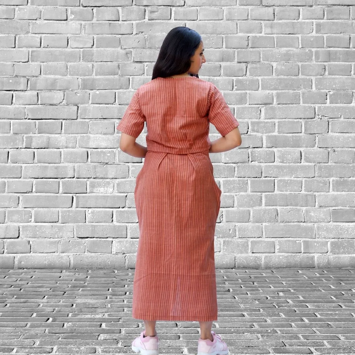 Top and Skirt Set For Women | Smart Relaxed Fit | Peach And Brown Stripe