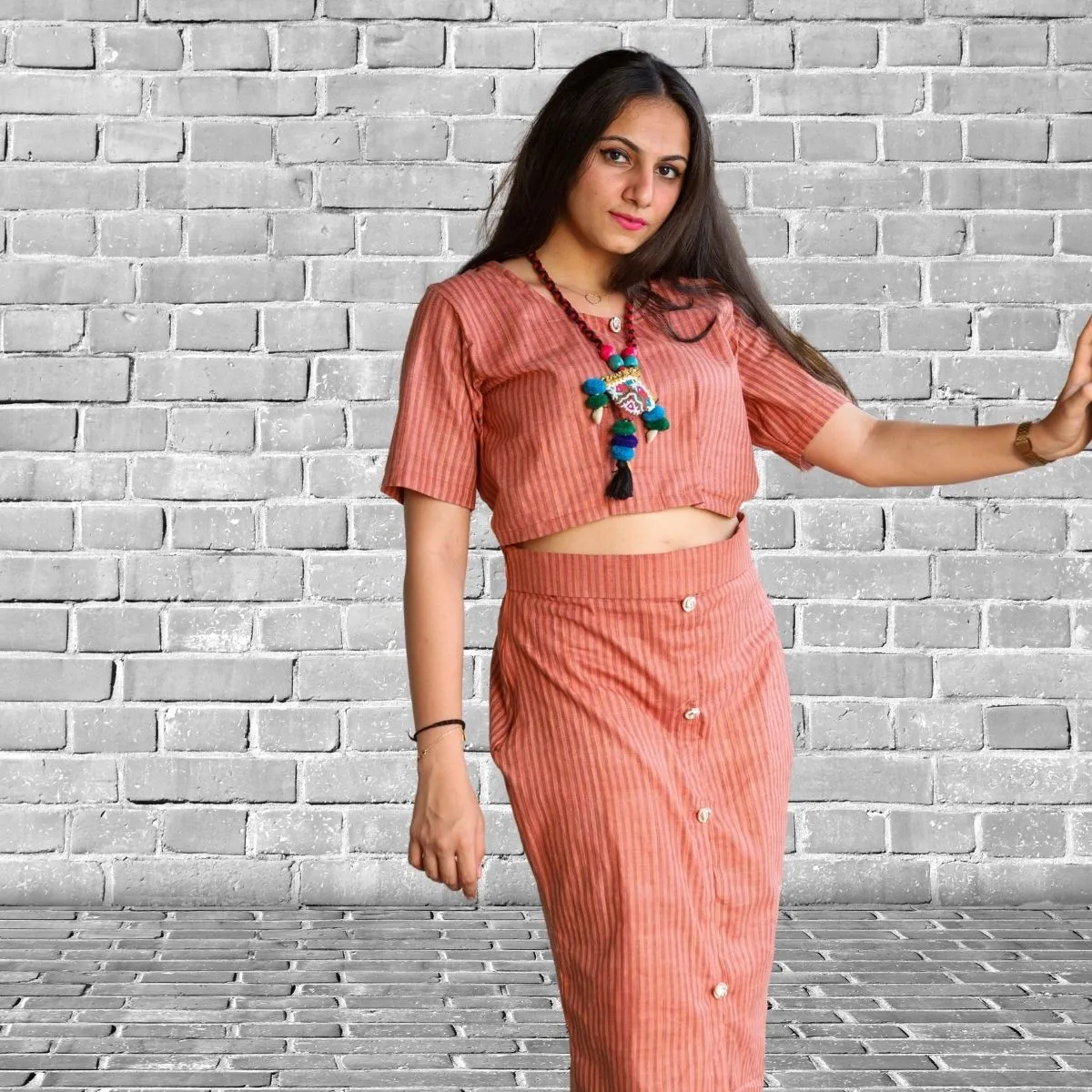 Top and Skirt Set For Women | Smart Relaxed Fit | Peach And Brown Stripe