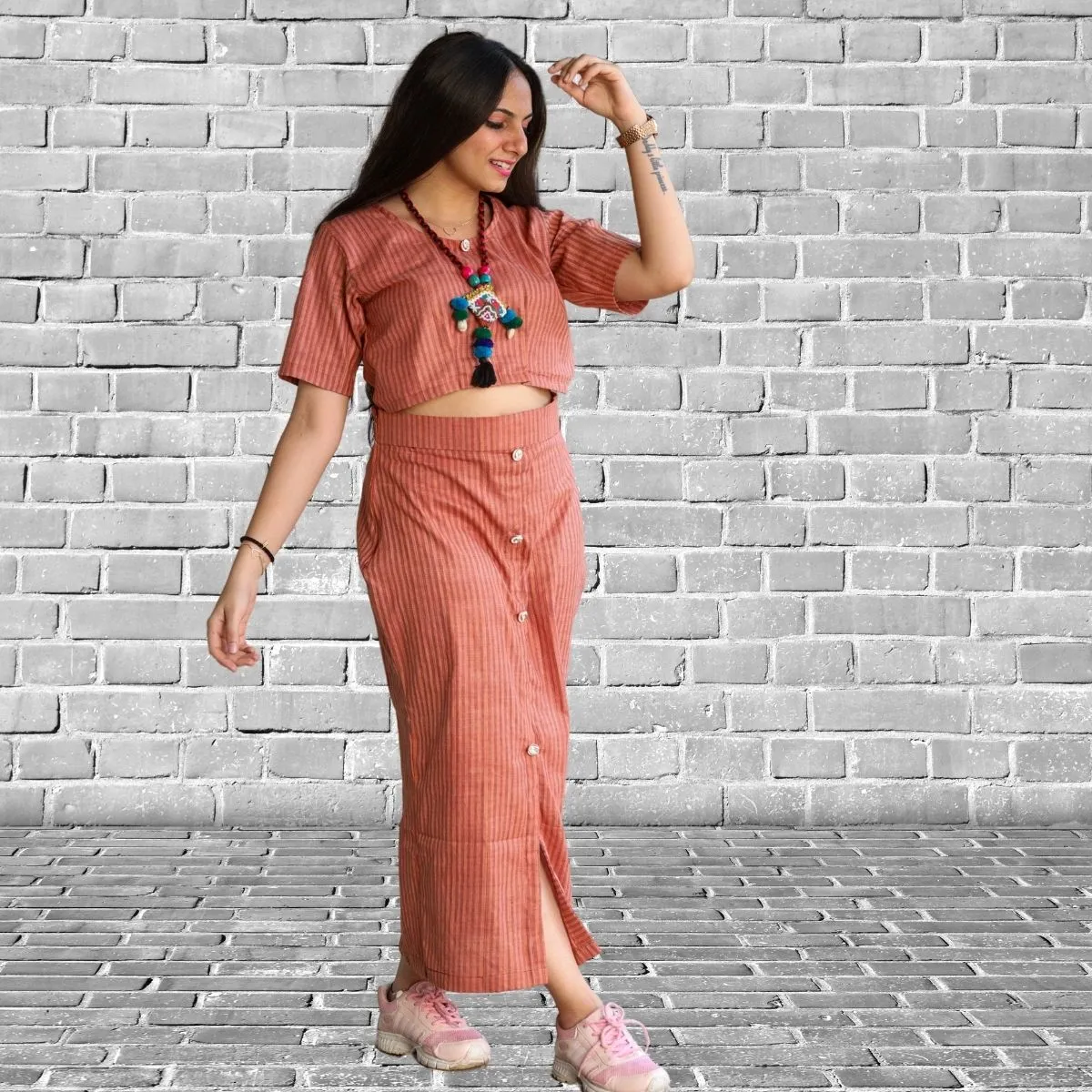 Top and Skirt Set For Women | Smart Relaxed Fit | Peach And Brown Stripe
