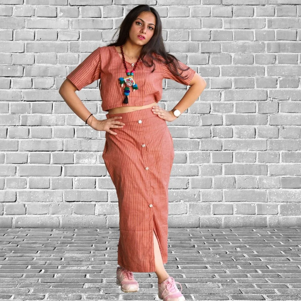 Top and Skirt Set For Women | Smart Relaxed Fit | Peach And Brown Stripe
