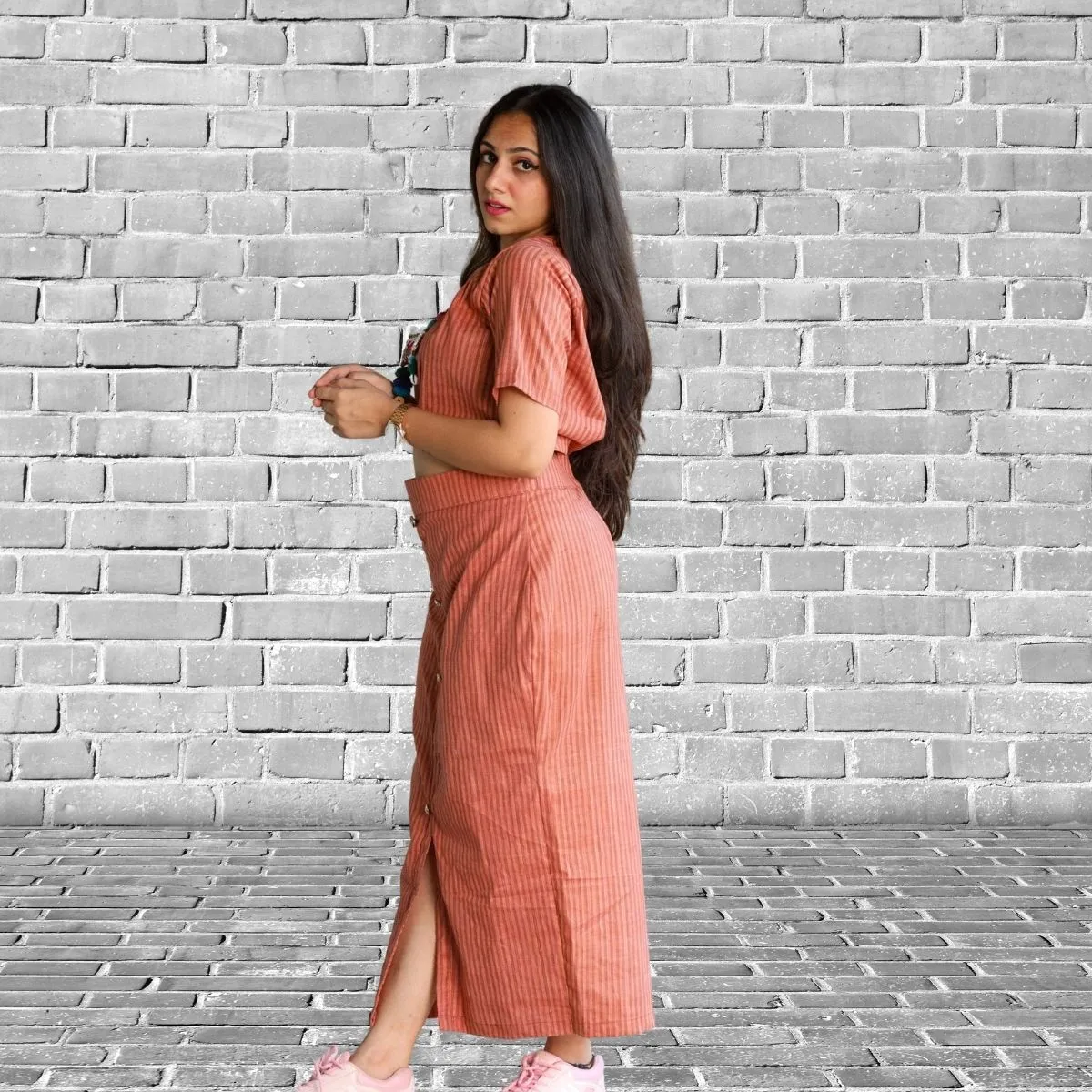 Top and Skirt Set For Women | Smart Relaxed Fit | Peach And Brown Stripe
