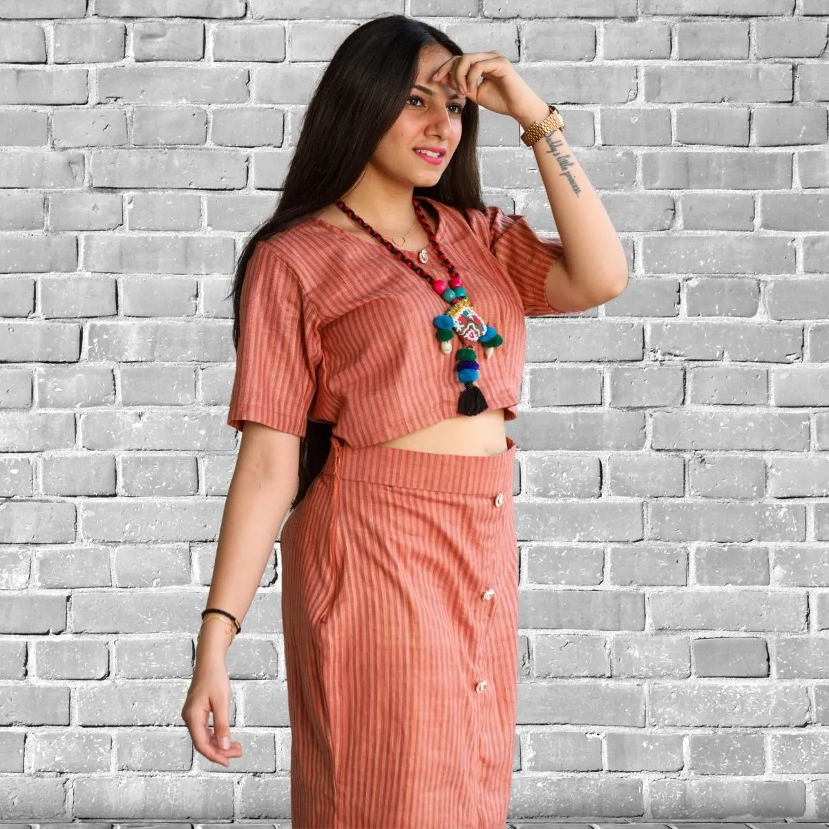 Top and Skirt Set For Women | Smart Relaxed Fit | Peach And Brown Stripe